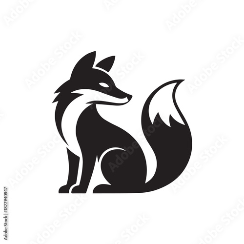 fox sitting logo vector curled tail black white emblem monogram