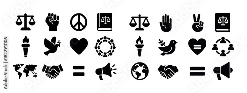 Peace and justice symbols: scales, dove, torch, equality, world map, handshake, peace sign