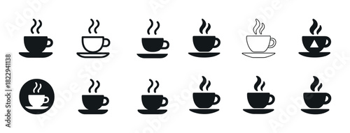 Diverse coffee cup icon set with steam silhouettes in black and white