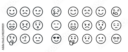 Set of 24 black and white circular emoji expressions with various emotions