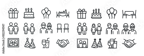 Party icons set: gifts, cakes, balloons, people, celebrations, drinks, handshake
