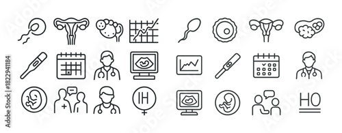 Fertility and reproduction icons set: pregnancy, sperm, ovulation, charts, calendar, doctor