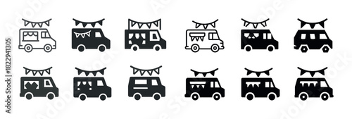Monochrome food truck icons with decorative pennants in various styles