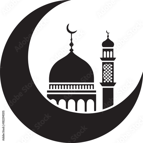 mosque outline crescent framing dome with single minaret vector