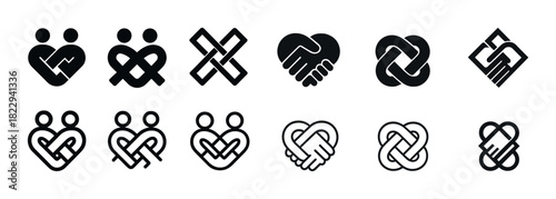 Black and white unity and connection icons with heart and hand motifs