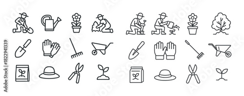 Gardening tools and activities line icons collection