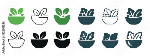 Twelve stylized salad bowl icons with leafy greens in various colors and outlines