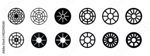 Collection of abstract circular geometric patterns in black and white