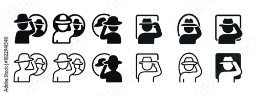 Icon set of people taking selfies with hats in various styles and frames