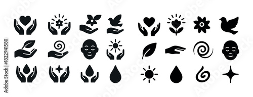 Set of wellness icons featuring hands, nature, and symbols for relaxation