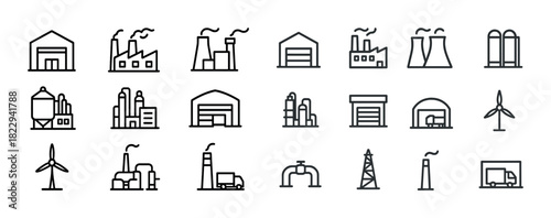 Industrial icon set featuring factories, plants, and energy sources