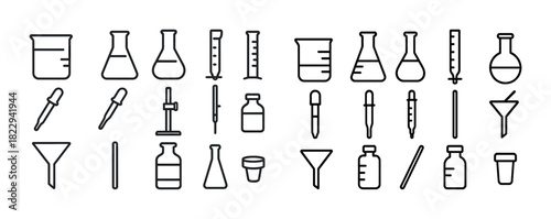 Laboratory equipment outline icons: beakers, flasks, pipettes, and more