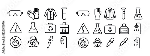 Laboratory safety equipment and hazard symbols icons set