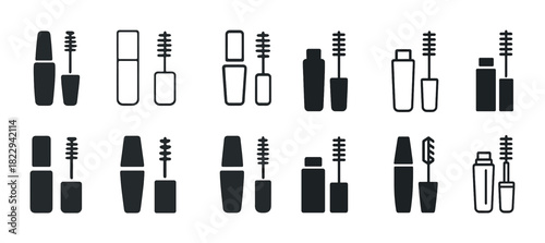 Set of black and white mascara tube icons in various styles