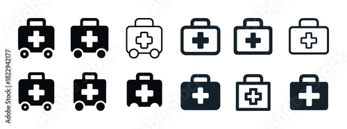 Set of first aid kit icons in various styles and designs