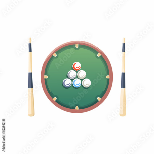 Billiard balls arranged on a green table with cues on the sides.