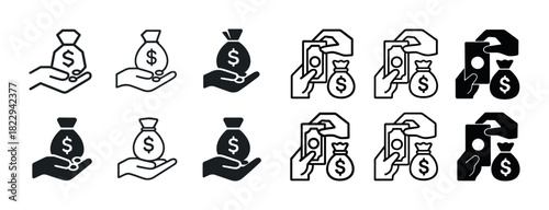 Hand icons with money bags and currency symbols in black and white