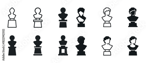Collection of twelve black and white bust icons on pedestals