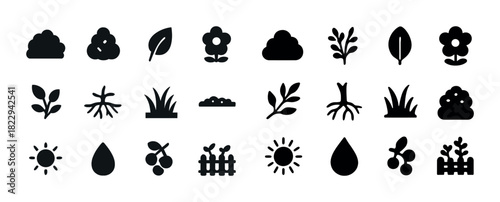 Nature icons set: trees, plants, sun, water in bold black silhouettes