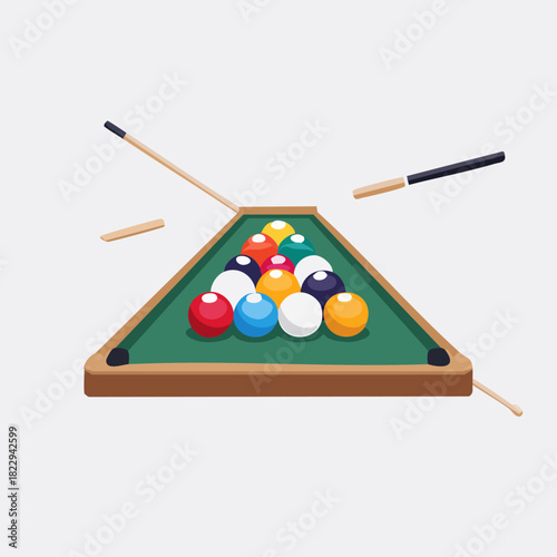 Billiard Table with Balls and Cues Illustration.