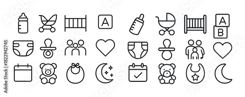 Simple baby icons set with stroller, rattle, and teddy bear
