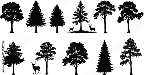 Forest tree and deer silhouettes in nature landscape, wildlife woodland scene, peaceful outdoor environment with pine and oak trees illustration.