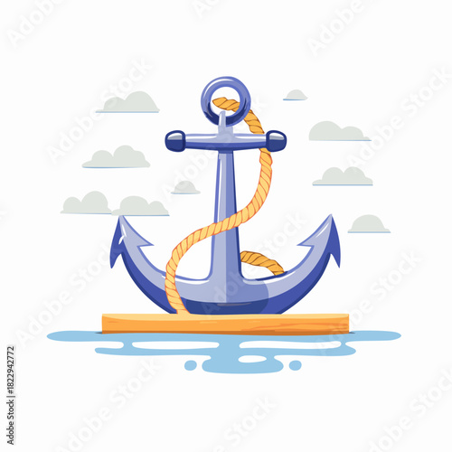 Blue cartoon anchor with rope floating on the water illustration.