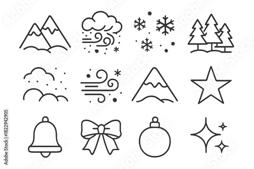 Winter Blizzard Icons. Winter Blizzard. Line outline icon set of Winter Blizzard: mountains, snowstorm clouds,