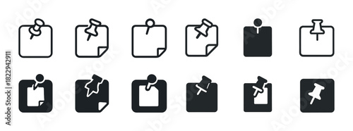Set of various push pin icons on white background