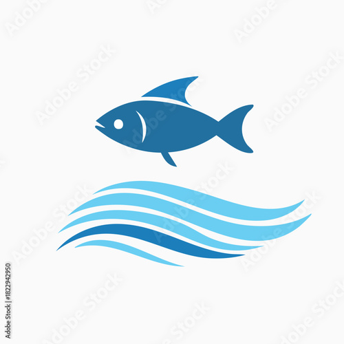 Blue fish icon swimming above stylized ocean waves.