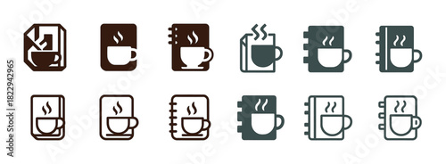 Diverse coffee cup icons: notebook, steam, warm beverage design set