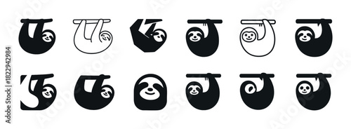 Cute sloth icon set in various fun hanging positions