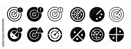 Radar signal icons set: detection and navigation symbols in black and white