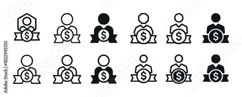 Simple money award and currency symbol icons set in black and white