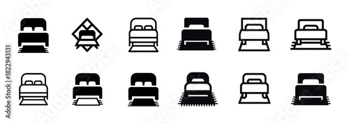 Set of 12 black and white bed icons with various designs and perspectives