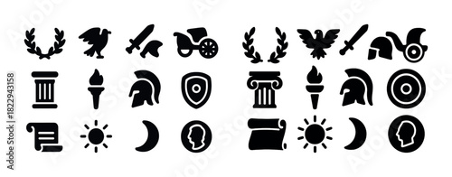 Ancient roman symbols collection: helmet, laurel, torch, eagle, scroll, moon, sun