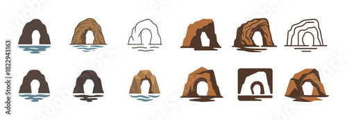Set of rock arch icons with ocean waves in various styles and colors