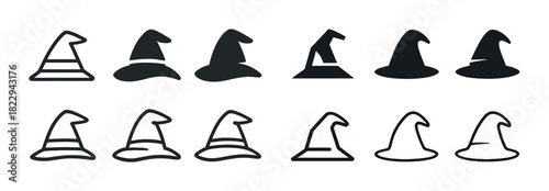 Collection of witch hat icons: various styles and designs in black and white