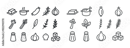 Line art icons of ingredients and cooking utensils with salt shakers and onions