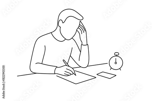 Focused Minimalist Sketch. Focus and Efficiency. Minimalistic one-line drawing person concentrating at desk
