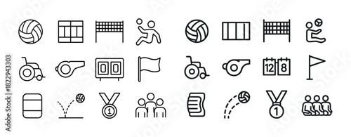 Volleyball line icons: ball, whistle, net, medal, wheelchair