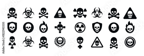 Danger symbols collection: skulls, biohazard, radiation icons in black