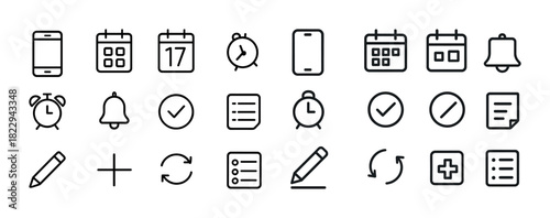 Minimalistic line icons set: calendar, alarm, checklist, pencil, bell, sync