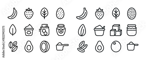 Icons of bananas strawberries leaves avocados jars peanuts seeds