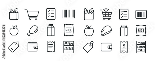 Grocery shopping line icons: cart, bag, barcode, list, wallet, receipt, shelves