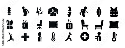 Back pain relief icons collection: therapy, exercise, posture, wellness