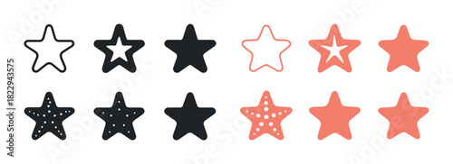 Set of various star icon designs in black and coral with different patterns and styles