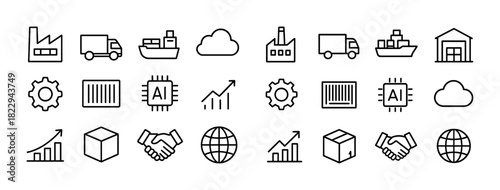 Industrial and logistics icons: shipping, ai chips, growth, and global connectivity