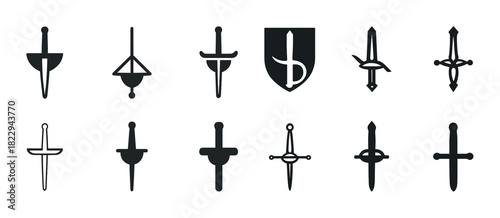 Collection of black sword and shield silhouettes on white background