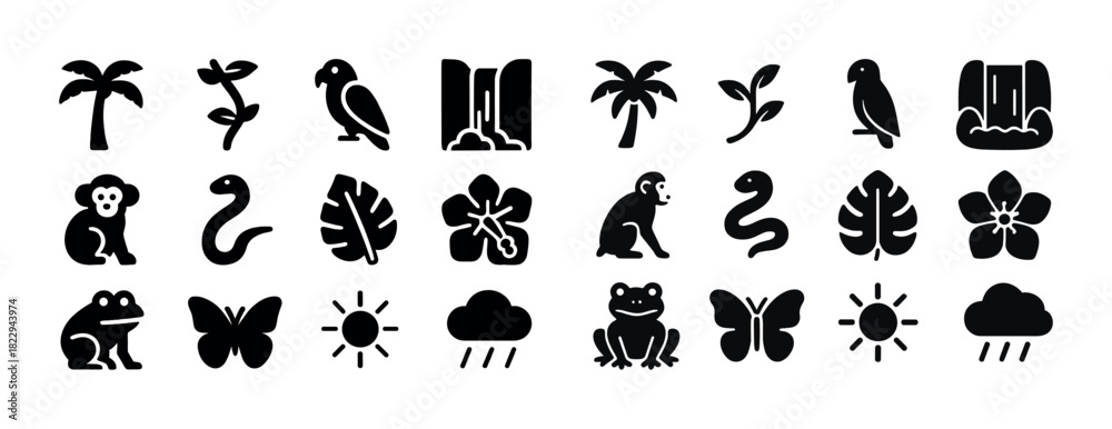 Obraz premium Tropical icons: animals, plants, and weather symbols